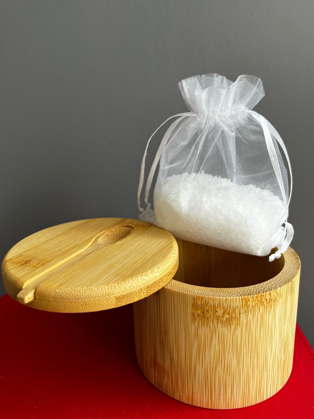 Salt Box Bowl with Lid and Spoon - Bamboo Salt Cellar with 360° Swivel. New